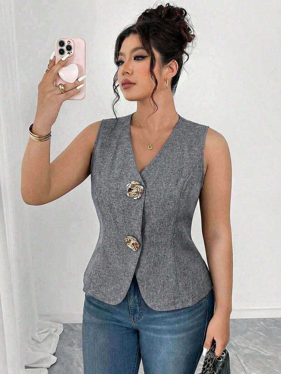 Blusa sin mangas con cuello en V y textura de lino sintético, con botones decorativos en color dorado y rosa, cintura ajustada, elegante para ir a trabajar, salir, fiestas y citas, talla grande - Gris - Ver 1