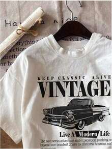 Camiseta de mujer con estampado de letras, cuello redondo, hombros caídos, manga corta de verano, top con estampado de coches vintage, ropa de verano para mujer, estilo urbano. - Blanco - Ver 3