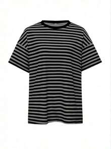 Camiseta casual de mujer  de cuello redondo holgado, camiseta de manga corta de ajuste ceñido con parches a rayas minimalista, adecuada para primavera/verano, ideal para el Día de San Valentín - Gris Oscuro 2 - Ver 3