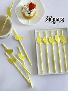 10/20 piezas Pajitas de papel a rayas con frutas de sandía, piña y limón, decoración de pajitas para fiesta de cumpleaños, sandía, fresa, té con leche de frutas, jugo, bar de leche, bebidas frías, bebidas con hielo, pajitas a rayas para tienda de postres, bebidas sin alcohol, bar de aperitivos, oficina, bar, restaurante - Pajitas de la serie Fruit - Ver 15