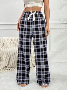Pantalones de pijama holgados con lazo y estampado de cuadros para mujer, otoño e invierno - verde menta - Ver 5