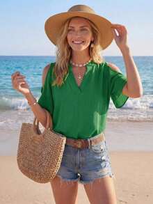 Blusa de uso diario de unicolor para primavera/verano, informal - Verde - Ver 3