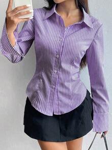Camisa de manga larga casual a rayas que ciñe la cintura, apta para primavera/verano/otoño, tops de manga larga - Morado - Ver 6