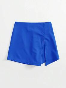 Falda corta con cintura elástica y abertura frontal - azul real - Ver 3
