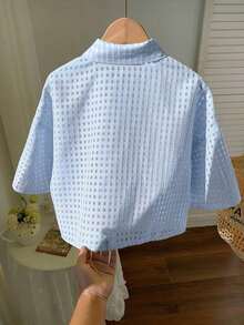 Blusa corta tejida amarilla para mujeres - Azul - Ver 2