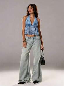 Elegante top de tirantes con escote en V y estampado de lunares para mujer, primavera/verano - Celeste - Ver 4