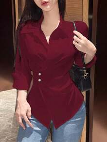 Blusa larga de manga larga con nudo de mujer, color liso, camisa de mujer para primavera y otoño, blusas de manga larga - Burdeos - Ver 3