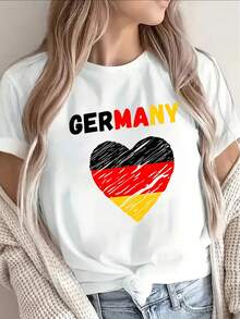 Short-Sleeved T-Shirt With A Black German Flag Heart Print, Ideal For Casual Outings. Lightweight And Durable, Suitable For Home, Dining, Or Outdoor Activities, It Offers A Comfortable Fit And A Stylish Black And White Design. - 白色 - 查看 11