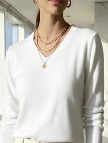 V-NECK SWEATSHIRT WOMEN'S KNITTING LONG SLEEVE WINTER BASIC MODAL Thin And Light Style - 白色 - 查看 1
