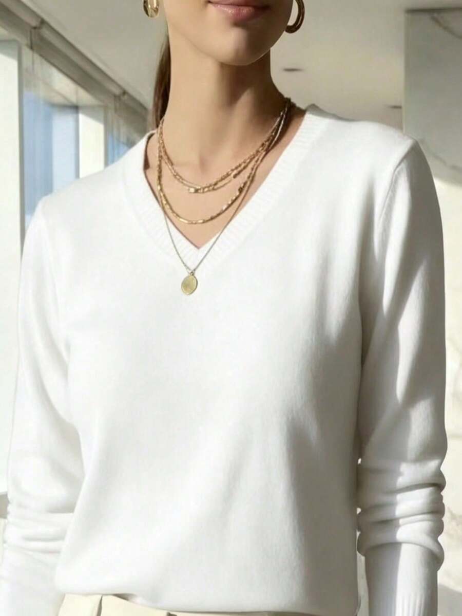 V-NECK SWEATSHIRT WOMEN'S KNITTING LONG SLEEVE WINTER BASIC MODAL Thin And Light Style - 白色 - 查看 1
