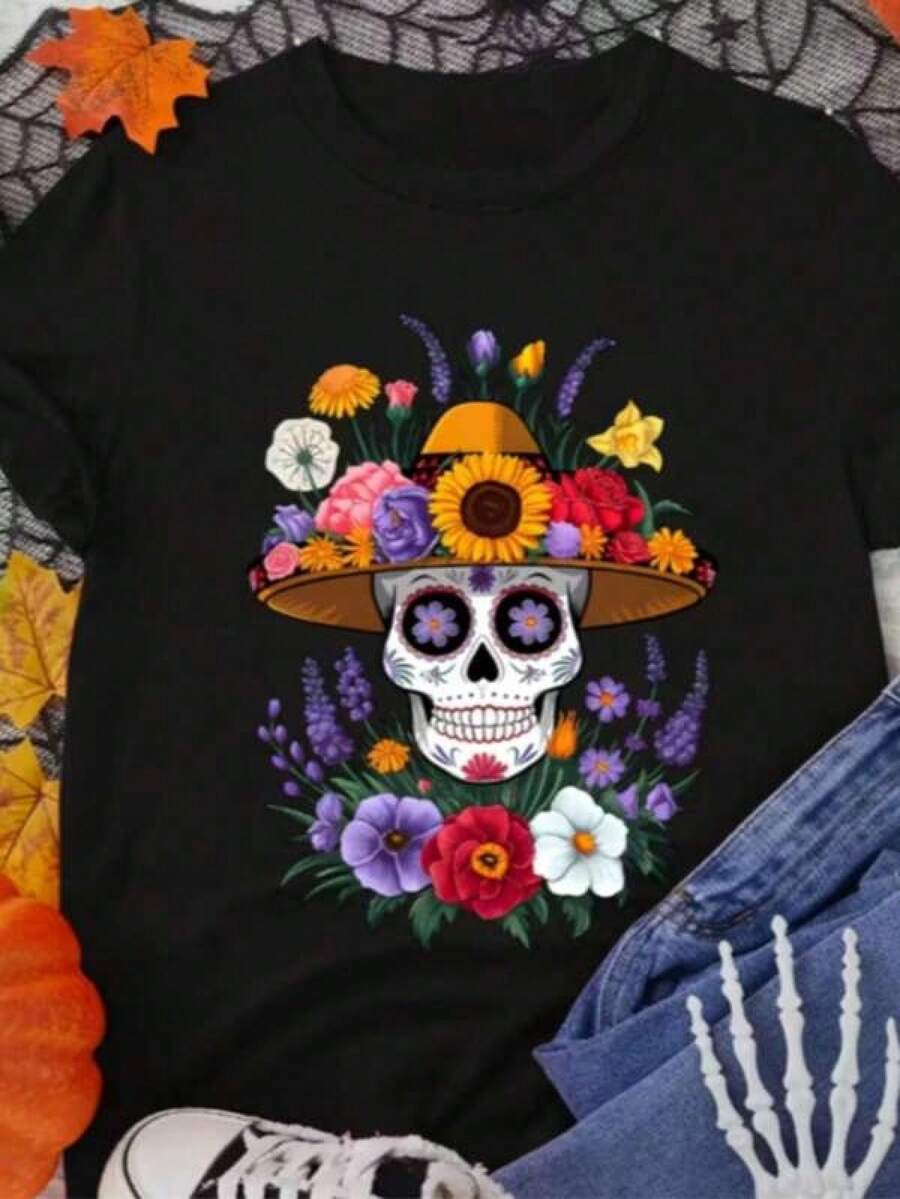 New 2026 Playera mujer casual arte floral estampado colorido poliéster ligero ajuste regular cuello redondo manga corta primavera verano uso diario - Negro - Ver 1
