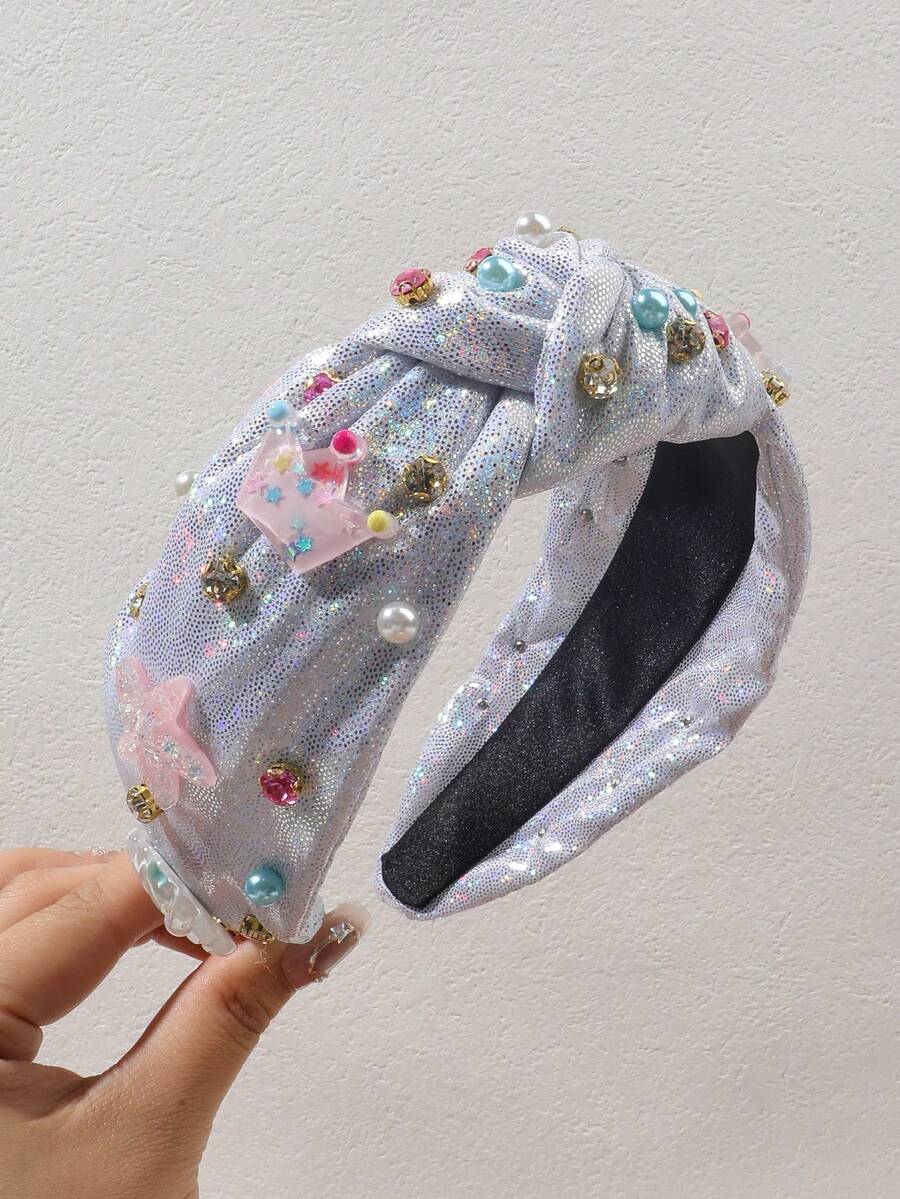 1件白色與銀色亮片布料打結髮箍，3D海星、貝殼、仿珍珠與水鑽裝飾，寬邊設計，波西米亞海灘風，優雅俏皮拍照道具髮飾髮帶
