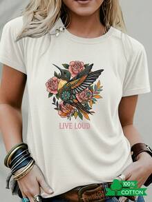 Camiseta de cuello redondo para mujer con estampado de anime y letras de edición limitada, diseño sencillo, cómoda y transpirable, adecuada para el uso casual diario, que muestra un estilo natural y elegante, imprescindible para fiestas de verano, envío local, Hummingbird de algodón ligero. - Negro - Ver 9