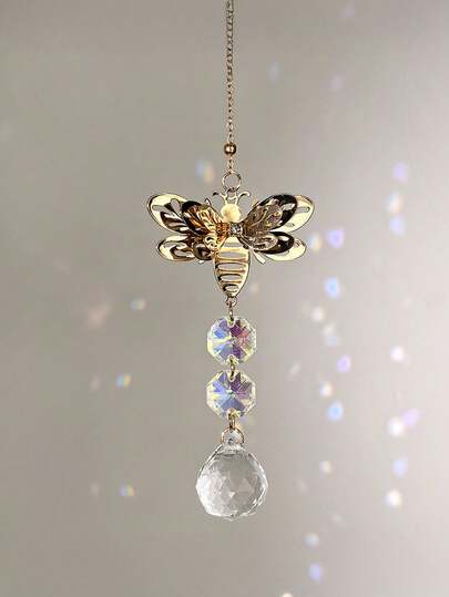 1 pieza Campana de viento con abeja, atrapasol giratorio de metal con cristales de colores, decoración de arte de jardín con abeja y flor, apto para interiores y exteriores, regalo ideal para apicultores o jardineros, diseño de prisma de cristal, decoración de abeja