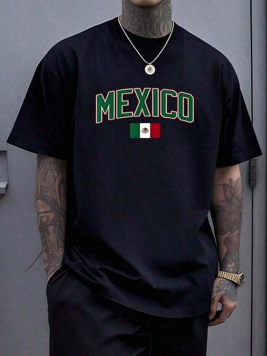 Men's "MEXICO" Print T-Shirt, Short-Sleeved With A Round Neck And The National Flag Print, 100% Cotton, Soft, Casual, Loose Fit, Ideal For Patriotic Holidays. Great For Gifting. Women's T-Shirt. Elegant. Bohemian Style. Soft, Breathable, And Comfortable Garment, Perfect For Spring, Summer, And Fall; Ideal For Vacations, Travel, And Everyday Wear. Perfect For Watching A Game. - 黑色 - 查看 1