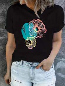 Camiseta de Verano de Manga Corta para Mujer, Estampada, Moderna y Casual, Lavable a Máquina, Ajuste Cómodo con Estampado Plano 2D. TKEQ - Negro_06 - Ver 6