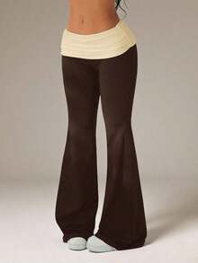 Pantalones acampanados con cintura plegable de color contrastante para mujer - Multicolor - Ver 4