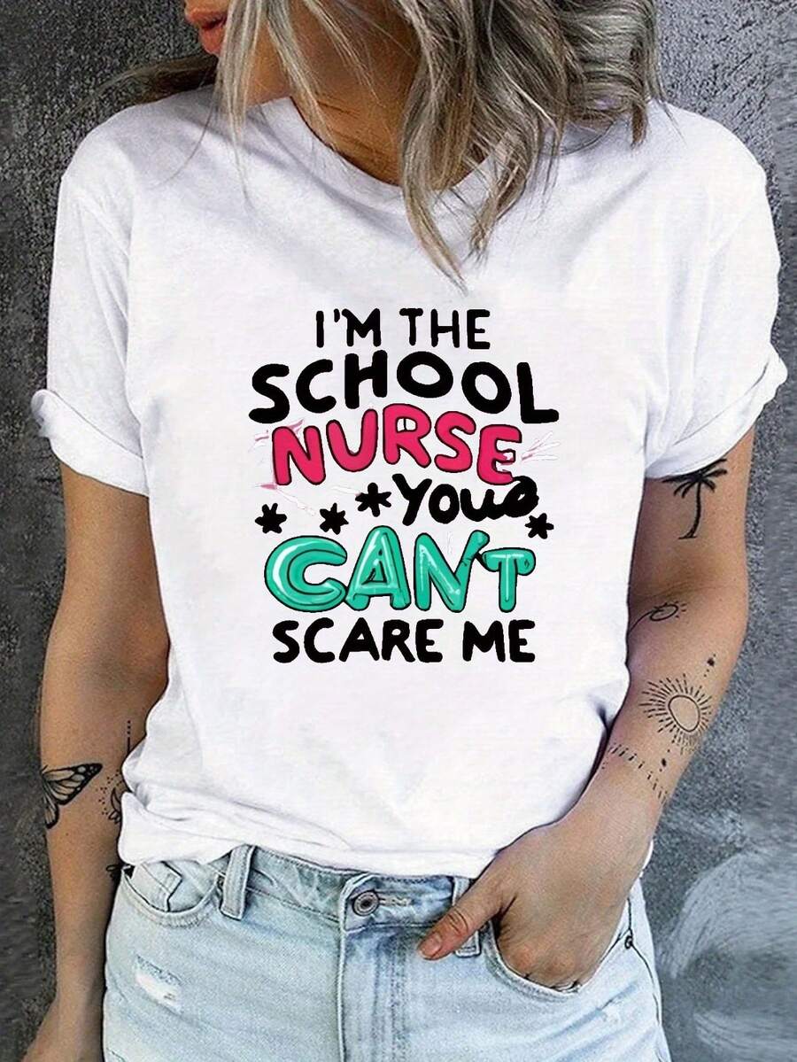 Camiseta de cuello redondo con estampado de letras de enfermera, top casual de manga corta para primavera y verano, ropa de mujer. - Blanco - Ver 1