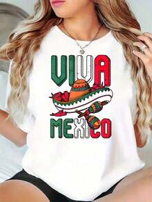 Women's Casual Style T-Shirt With Viva Mexico Print, Sombrero And Maracas Design, Ideal For Summer Festivals, Perfect Gift For Friends And Family. Short Sleeve T-Shirt, 220g. - 白色 - 查看 1