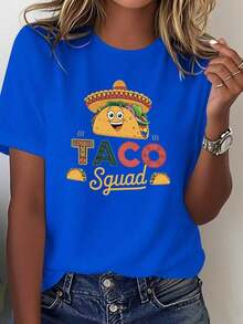 Loose Women's Lightweight Mexican-Themed "Taco Squad" T-Shirt - 100% Soft And Casual, Featuring A Wide-Brimmed Hat Design And Taco Print, Adorable Smiling Tacos, And The "Taco Squad" Logo. Perfect For Mexican Party Outfits And Everyday Wear (Black). 100% Cotton, A Popular Choice. Basic Cotton Crew Neck T-Shirt For Women. - 藍色的 - 查看 7