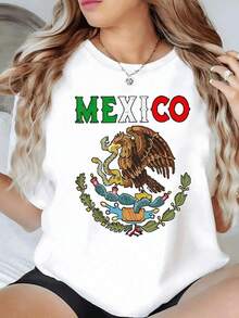 LooseCamiseta de mujer moderna con diseño de águila mexicana devorando una serpiente,estilo casual y cómodo.Basic Crew Neck Cotton T-shirt for Women - Blanco - Ver 1