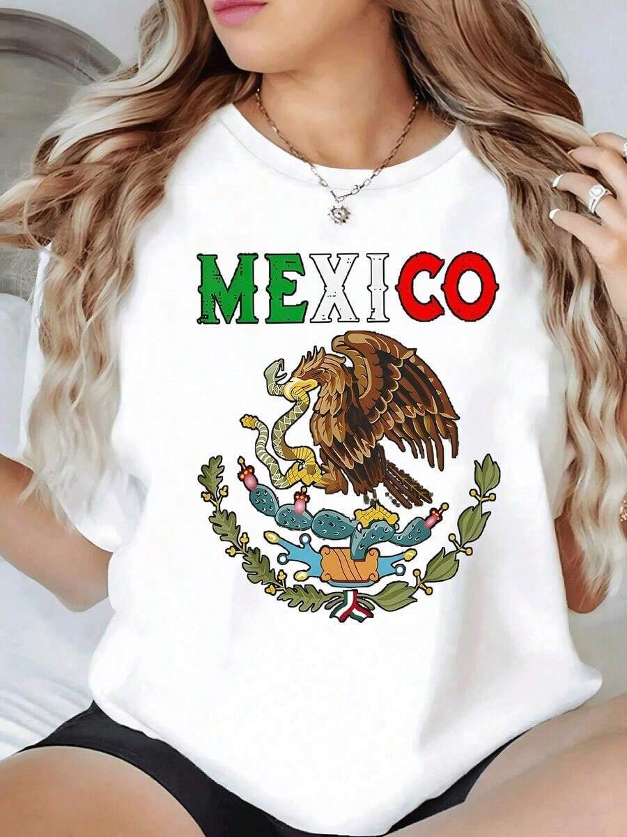 LooseCamiseta de mujer moderna con diseño de águila mexicana devorando una serpiente,estilo casual y cómodo.Basic Crew Neck Cotton T-shirt for Women - Blanco - Ver 1
