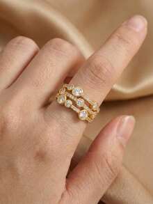 1pc Gold-Tone Multi-Layer Circular Zirconia Ring, Copper Base Bold Exaggerated Personalized Ring - Gold - View 3