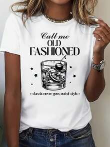 Camiseta Gráfica Clásica para Mujer - Top Relajado de Manga Corta con Cuello Redondo y Estampado de Vaso de Whisky, Negro, Ideal para Primavera y Verano, Camiseta con Tema de Whisky - Blanco - Ver 1