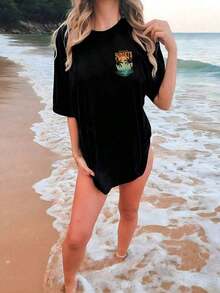 Playera de Mujer Cuello Redondo con Estampado de Atardecer y Palmeras Estilo Retro Casual de Manga Corta Ajuste Regular Suave y Fresca Moda de Vacaciones para Verano - Negro - Ver 3
