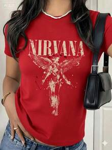 Women's Under The Radar Band Logo Graphic T-Shirt, Vintage Grunge Style, Fallen Angel Statue Print, Retro Rock Black Short Sleeve Plus Size T-Shirt. - Unisex Vintage Urban Style Cotton Short Sleeve Crew Neck T-Shirt. - 紅色 - 查看 1