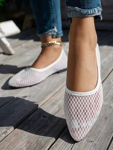 Giày sandal bệt nữ xỏ chân, thiết kế mũi nhọn lưới rỗng đơn giản phong cách casual, giày thuyền lưới bệt màu trắng, kiểu mũi nhọn, đi du lịch, hằng ngày - trắng - Xem 1