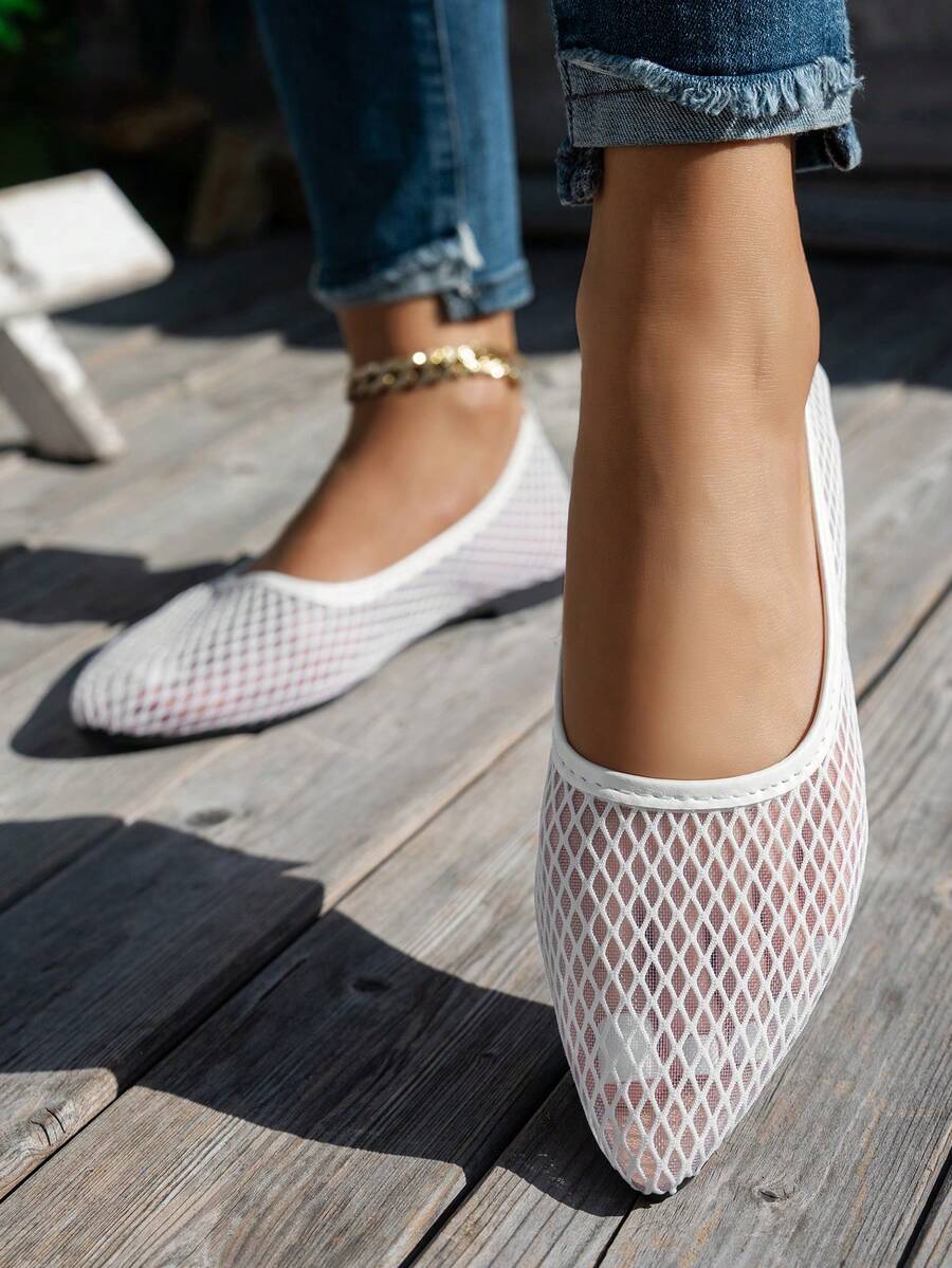 Giày sandal bệt nữ xỏ chân, thiết kế mũi nhọn lưới rỗng đơn giản phong cách casual, giày thuyền lưới bệt màu trắng, kiểu mũi nhọn, đi du lịch, hằng ngày - trắng - Xem 1
