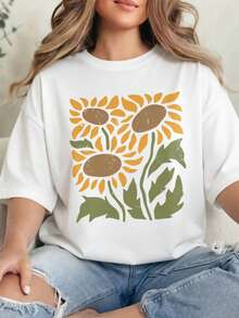 100% Cotton Round Neck Floral T-Shirt For Women, Casual Summer Fashion Outfit For Holidays, Weekend Outings, Loose Comfortable Soft Cool Youthful Loungewear For Travel - 黑色 - 查看 8