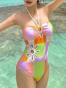 Women's Simple One-Piece Swimsuit 2026, Solid Color Sport Bikini With Cutout Design - 彩色網格 - 查看 11