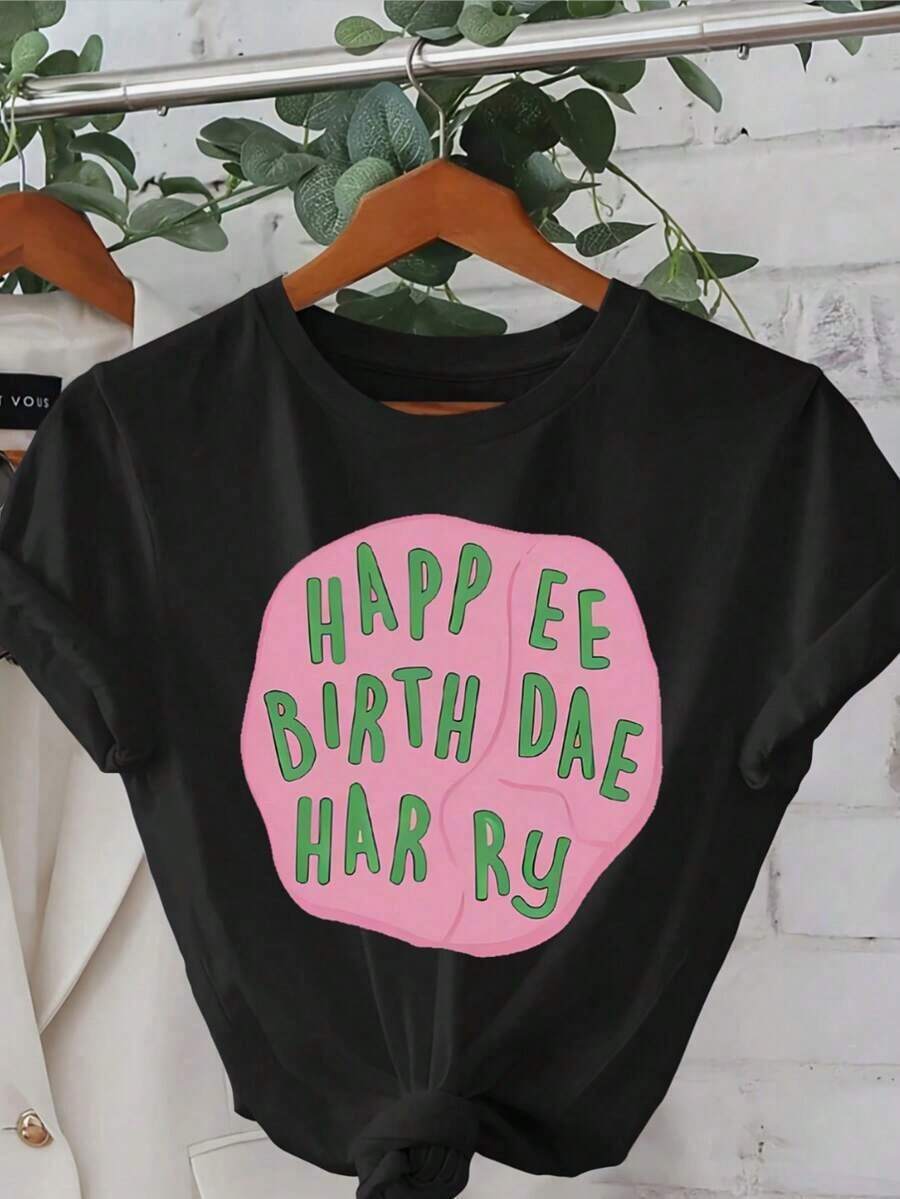 1 Piece Of Women's Short Sleeve Sports T-Shirt With Graphic Letter Print - Happy Birthday Harry, Short Sleeve, Round Neck, Casual Top For Spring And Summer, 180g, 100% Cotton. - 黑色 - 查看 1