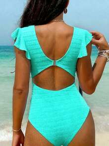 Traje de baño de una sola pieza con corte retorcido y recorte frontal, estampado a rayas para mujer en la playa en verano - verde menta - Ver 2