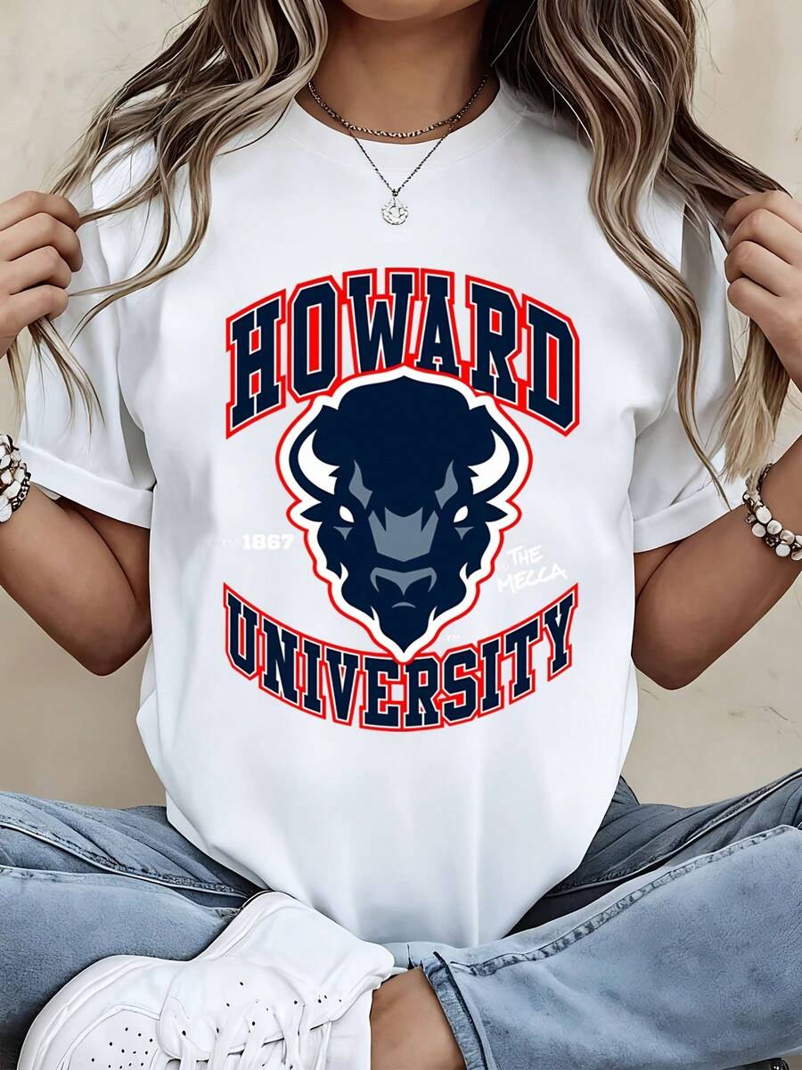 Howard University T Shirt White Crew Neck College Logo Bull Head Print - 白色 - 查看 1