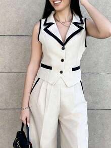 Traje de chaleco y pantalones con ribete de contraste elegante para mujer, todos los atuendos para mujer, de vuelta a la escuela, atuendos de maestra para mujer, vestido de invitada de boda elegante, casual de negocios para mujer, vestido de invi - Albaricoque - Ver 3