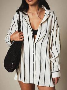 KSTM Camisa oversize de rayas con cuello clásico y mangas largas, prenda de playa de verano - Albaricoque - Ver 7