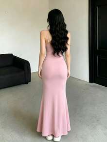 Vestido de encaje ajustado, elegante y romántico para cita nocturna, Día de San Valentín, con tirantes finos y largo, color rosa, para fiesta de verano - Rosa - Ver 2
