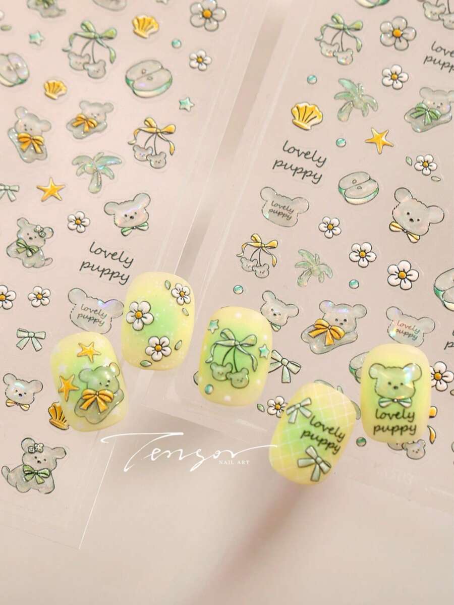 5D Embossed Puppy Nail Stickers, Nail Artist Essential Spring/Summer Sticker, Self-Adhesive Rainbow Bow Floral Nail Art Decor, 1 Sheet - Green - View 1