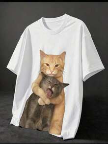 1 pieza Camiseta de cuello redondo de manga corta negra para hombre, diseño de estampado interactivo de gato, súper suave, transpirable y cómoda, anti-pelusas, camiseta de moda estadounidense audaz, adecuada para uso diario y atuendo con tema de mascotas - Blanco - Ver 6