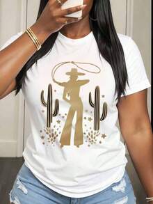 Women's Clothing Short Sleeve T-Shirt For Women With Cactus, Star And Bow Print, Western Cowboy Style, Casual For Everyday Wear, Women's Shirts - 白色 - 查看 6