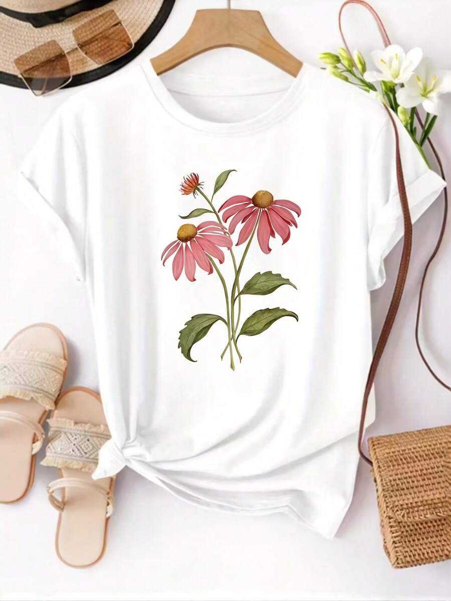 Camiseta de mujer con estampado floral de flores silvestres, camiseta de manga corta, top de cuello redondo para mujer, camiseta casual, adecuada para uso diario en primavera/verano, ropa de mujer. - Blanco - Ver 1