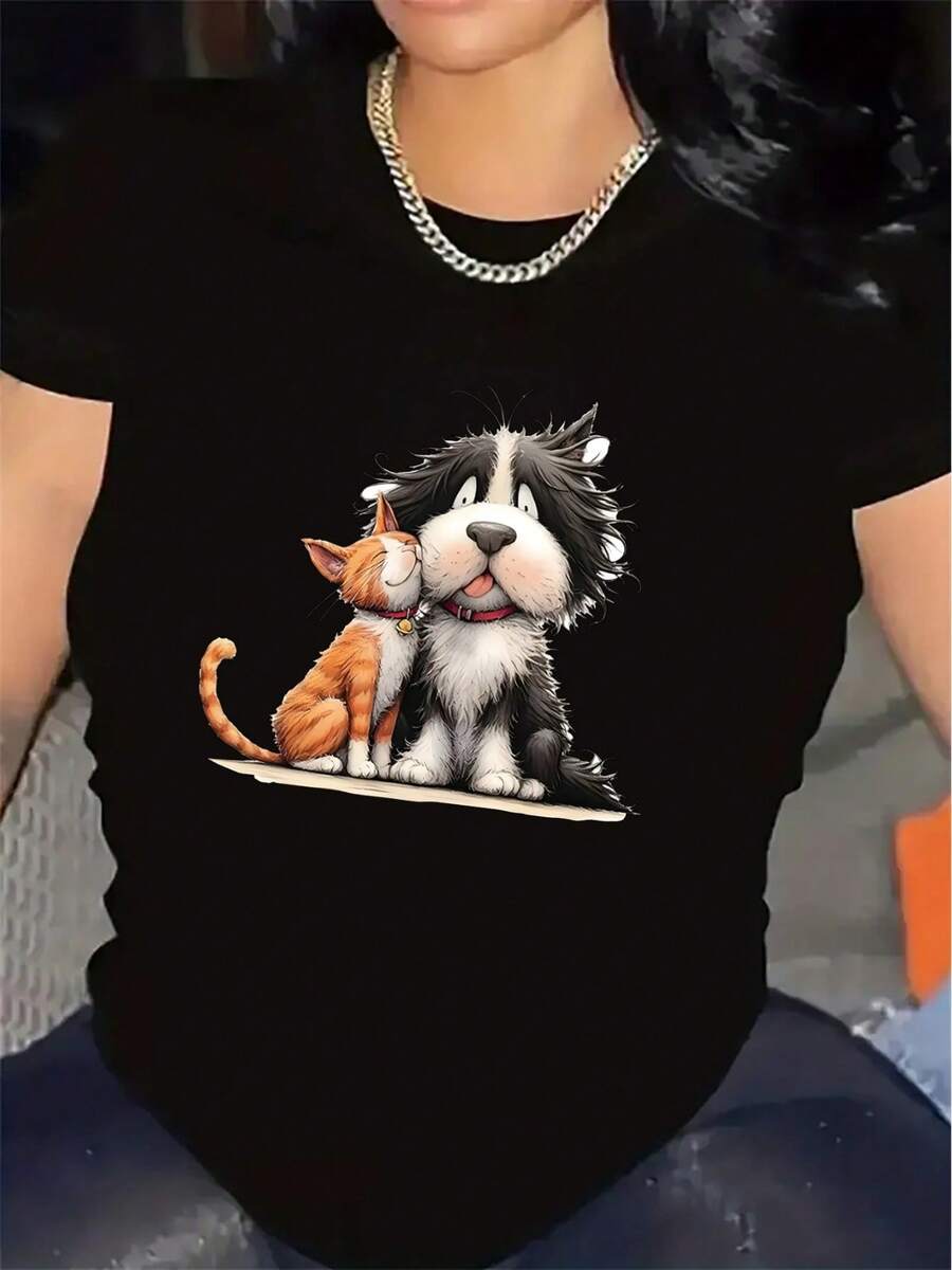 Women's T-Shirt With Orange Cat And Kitten Print, Short Sleeve, Made Of Lightweight And Durable Material, Suitable For Casual Wear At Home Or In A Cafe, Comfortable And Fitted For Everyday Use. - 黑色 - 查看 1