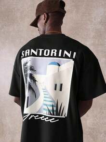 Oversized Graphic Summer T-Shirt With Santorini Greece Print, Casual Aesthetic, Travel Souvenir, Beach Vacation - 黑色 - 查看 10