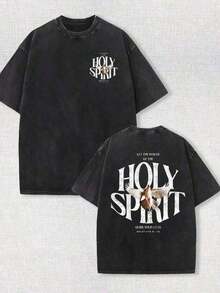 Summer Outfits Printed T-Shirt With The Phrase "Power Of The Holy Spirit" | Vintage Washed T-Shirt Of 230g Pure Cotton | Christian Faith Urban Retro Style | Casual Loose Summer Shirt For Men, Holiday Outfits For Women, Button-Down Shirt For Men, Manfinity FEE9 (Retro Style, Unisex, Thick Fabric) - 黑色 - 查看 8