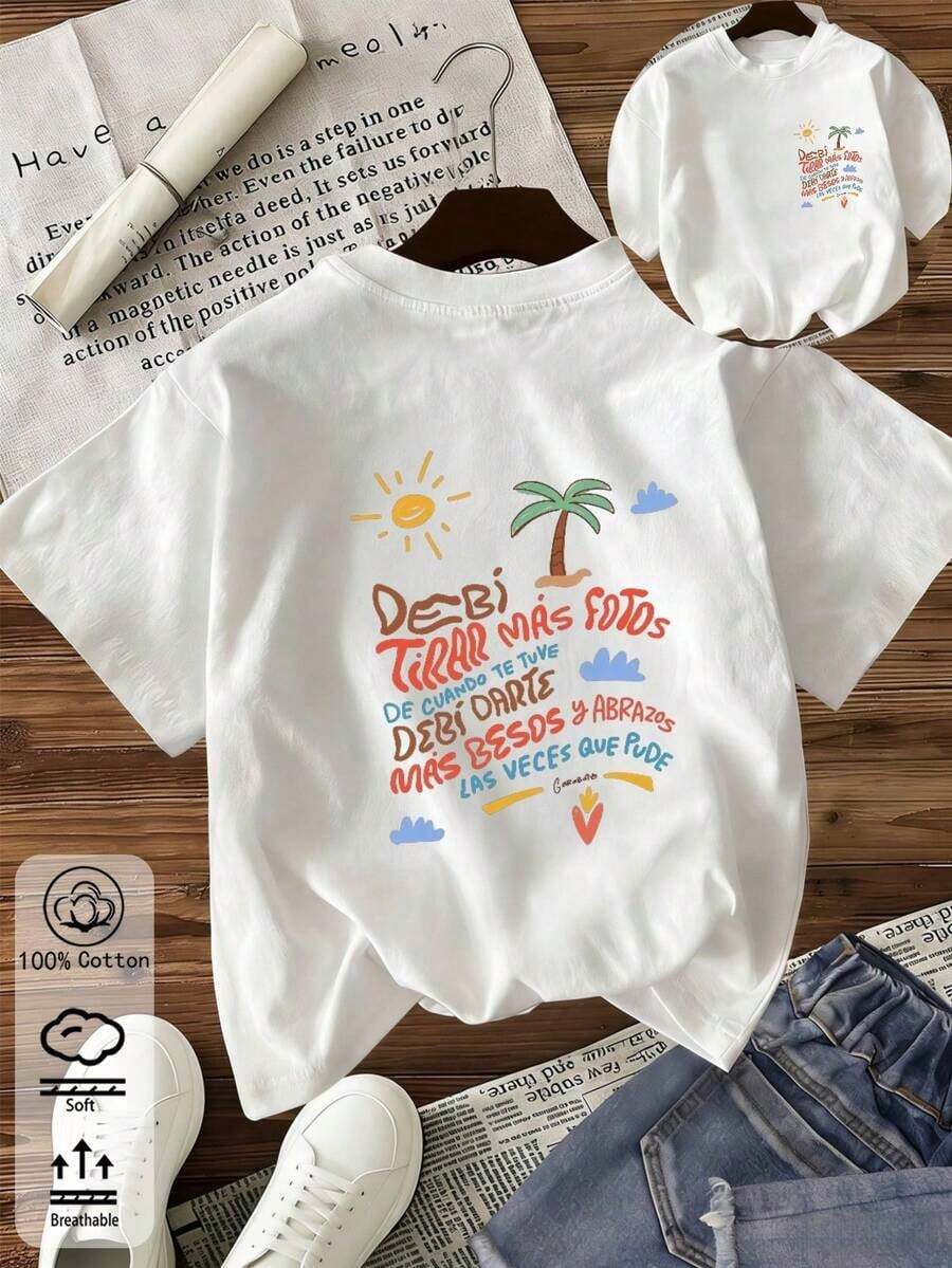 1 Piece Of Unisex Casual Fashion T-Shirt, 100% Cotton, Short Sleeve For Women, Solid Color Round Neck, Sun, Beach And White Clouds Design, Soft And Comfortable, Casual Style, Urban Style, Y2K Style, Suitable For Beach, Graduations, Vacation; Can Be Used As A Top, Summer Clothes, Spring Clothes, T-Shirt, Gym Clothes, Party Top, Casual Shirt, Versatile, Easy To Match, For Daily Wear, Urban Style, Vacation Clothes, Weekend Clothes. - 白色的 - 查看 1