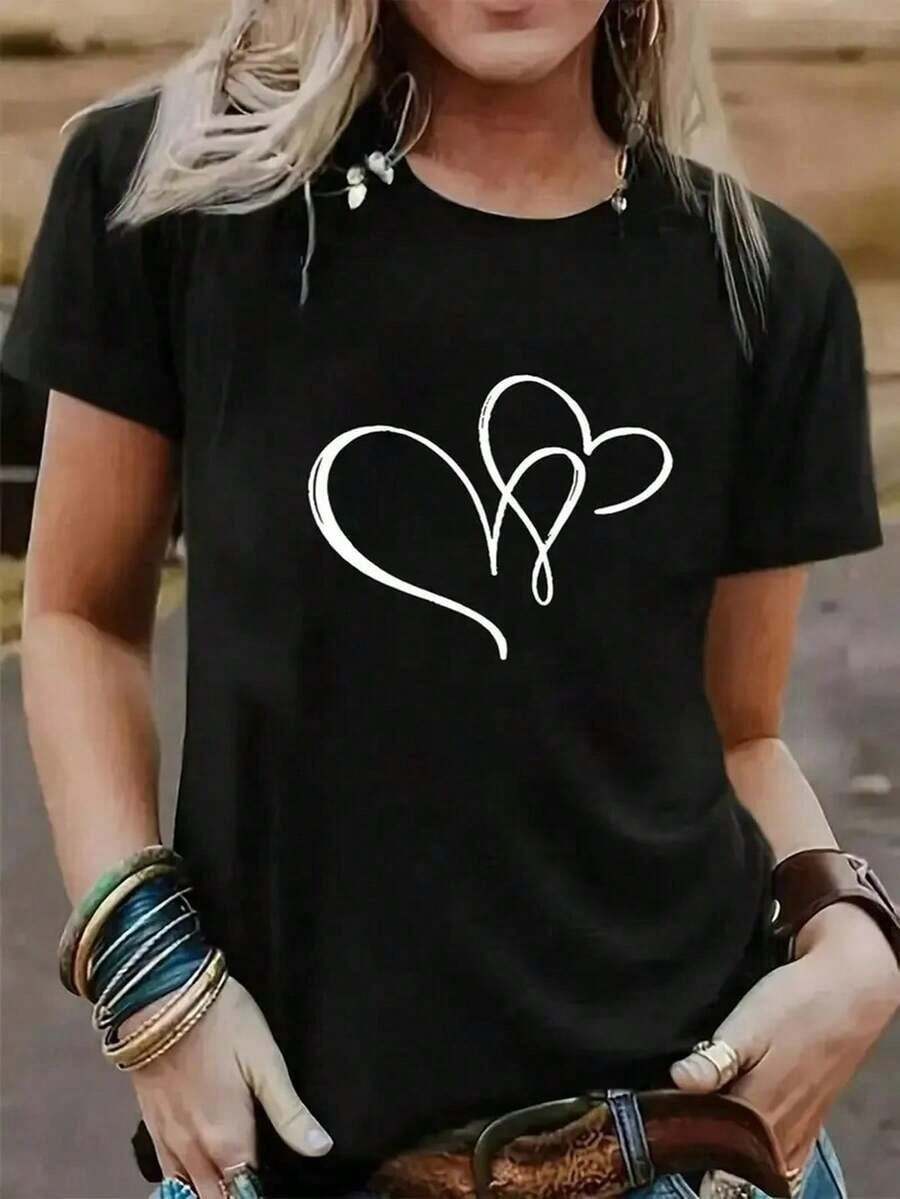Nueva camiseta de mujer 2025 otoño-invierno, de manga corta con cuello redondo, 100% algodón, holgada, de estilo casual y versátil con estampado moderno, ideal como prenda básica. - Negro - Ver 1