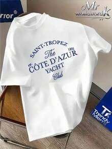 Camiseta de manga corta informal con estampado de la combinación de letras SAINT-TROPEZ y el eslogan CÔTE D'AZUR YACHT, doble estampado en la parte delantera y trasera, estilo retro americano de un resort del sur de Francia. Camiseta de manga corta con cuello redondo, de punto holgado e informal, adecuada para uso diario y deportes casuales. - Blanco - Ver 1